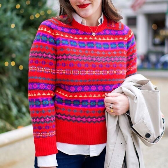 J. Crew Holly Fair Isle Wool Sweater Womens XS Red Crewneck - Picture 2 of 13